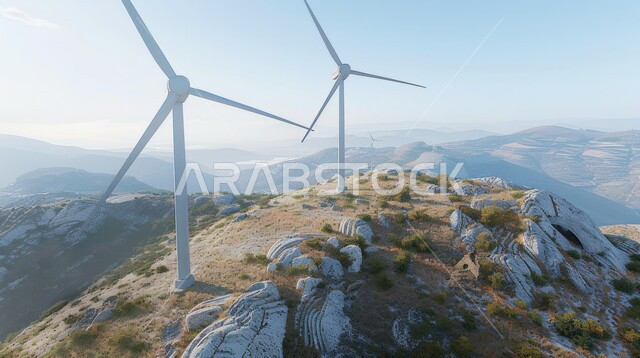 مفهوم استخدام الطاقات المتجددة صديقة البيئة، التنمية المستدامة بالطاقة البديلة في المملكة العربية السعودية، حقول توربينات الرياح وطواحين الهواء في اعالي الجبال الخضراء