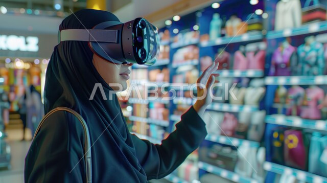 تقنيات حديثة الكترونية وأجهزة تكنولوجية، التفاعل ومحاكاة العالم الافتراضي الخيالي, صورة مقربة من الجانب لامرأة عربية خليجية سعودية محجبة تقف في المعرض تضع نظارات الفي ار, الاستمتاع في قضاء اوقات ترفيهية