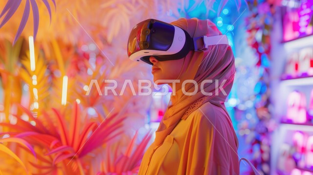 Modern electronic technologies and technological devices, interaction and simulation of the imaginary virtual world, a close-up picture from the side of a veiled Saudi Arabian Gulf woman standing in the exhibition wearing VR glasses, enjoying spending recreational times