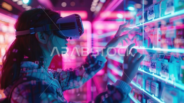 Interacting and merging with virtual reality, feeling fun and entertained by simulating the imaginary world, technological devices and modern techniques, a close-up image of a young Saudi Gulf Arab woman wearing 3D VR glasses, trying to touch holographic elements.