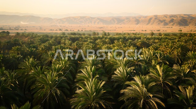 المساحات الخضراء المورقة والتضاريس الرملية المحيطة بالواحات الكبيرة، المزروعات الوطنية المحلية في المملكة العربية السعودية، الاهتمام بزراعة التمور بأنواعه المختلفة، واحة الاحساء المليئة بأشجار النخيل المثمرة في وضح لنهار