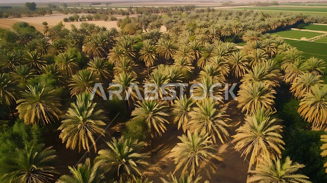 المزروعات الوطنية المحلية في المملكة العربية السعودية، الاهتمام بزراعة التمور بأنواعه المختلفة، واحة الاحساء المليئة بأشجار النخيل المثمرة في وضح لنهار، المساحات الخضراء المورقة والتضاريس الرملية المحيطة بالواحات الكبيرة
