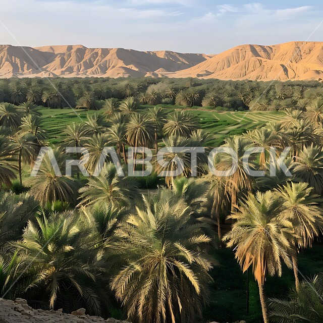 واحة الاحساء المليئة بأشجار النخيل المثمرة في وضح لنهار، المساحات الخضراء المورقة والتضاريس الرملية المحيطة بالواحات الكبيرة، المزروعات الوطنية المحلية في المملكة العربية السعودية، الاهتمام بزراعة التمور بأنواعه المختلفة