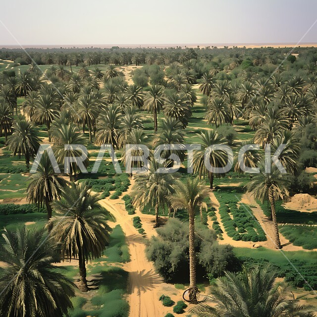 المزروعات الوطنية المحلية في المملكة العربية السعودية، الاهتمام بزراعة التمور بأنواعه المختلفة،واحة الاحساء المليئة بأشجار النخيل المثمرة في وضح لنهار، المساحات الخضراء المورقة والتضاريس الرملية المحيطة بالواحات الكبيرة