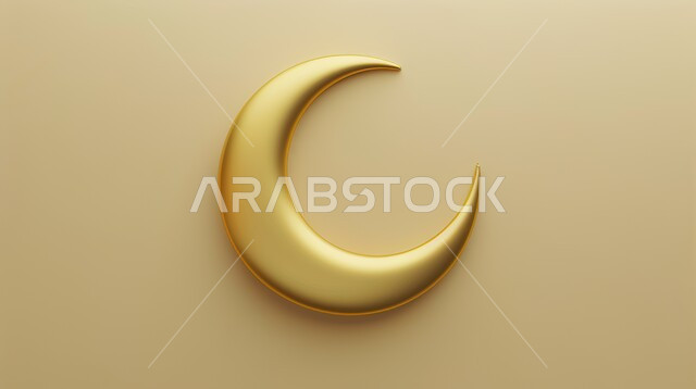 مجسم ثلاثي الابعاد معدني باللون الذهبي لهلال بتصاميم ابداعية، ديكورات وتصاميم اسلامية عربية،تحف ثلاثية الابعاد، هلال شهر رمضان الكريم