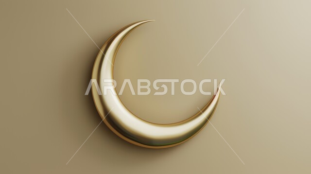 مجسم ثلاثي الابعاد معدني باللون الذهبي لهلال بتصاميم ابداعية، ديكورات وتصاميم اسلامية عربية،تحف ثلاثية الابعاد، هلال شهر رمضان الكريم