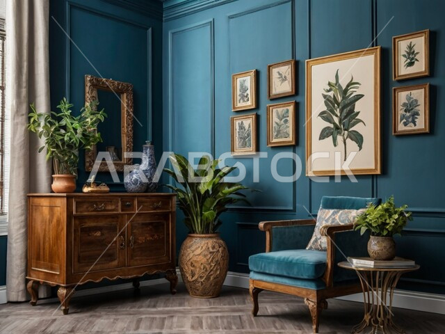 A room with modern and attractive designs, green ornamental plants, modern designs and decor, upscale home furniture, interior decor, hanging paintings, various antiques and accessories, wooden picture frames, a blue wall.