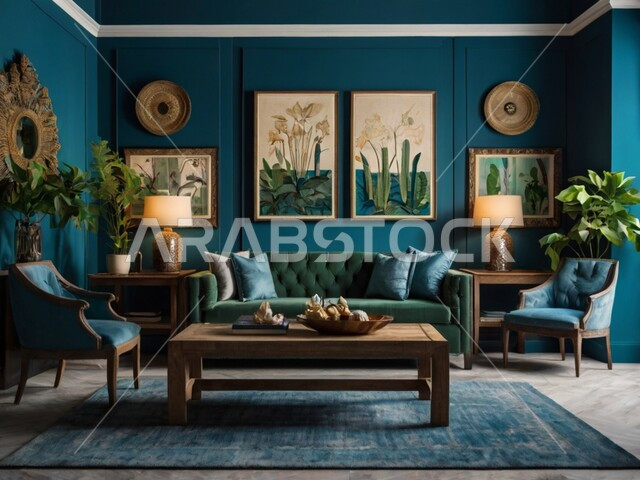 غرفة بتصاميم عصرية وجذابة، نباتات الزينة الخضراء، تصاميم و ديكورت عصرية، أثاث منزلي راقي، ديكور تزيين داخلي، لوحات فنيه معلقة، تحف وإكسسوارات منوعة، براويز صور خشبية، جدار باللون الازرق