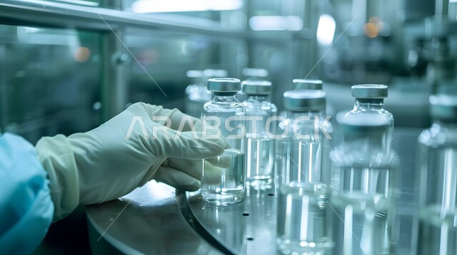 استخدام الأنبوبة الزجاجية المعقمة لتحليل العينات المختلفة، مختبرات الفحوصات الطبية والتحاليل الكيمائية، صورة مقربة ليد مخبري يرتدي القفازات و يمسك بيده أنابيب الاختبار، إجراء تجارب وبحوث علمية عبر التكنولوجيا الحيوية، معمل الصناعات الدوائية