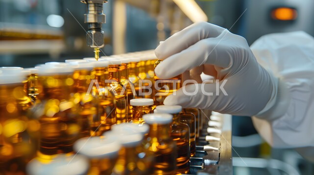 استخدام الأنبوبة الزجاجية المعقمة لتحليل العينات المختلفة، مختبرات الفحوصات الطبية والتحاليل الكيمائية، صورة مقربة ليد مخبري يرتدي القفازات و يمسك بيده أنابيب الاختبار، إجراء تجارب وبحوث علمية عبر التكنولوجيا الحيوية، معمل الصناعات الدوائية