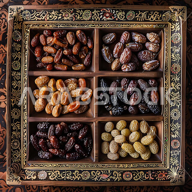 أنواع التمور الصحية الطازجة، وجبة ذات قيمة غذائية عالية، ضيافة رمضانية لذيذة، صينية نحاسية مزخرفة مملوءة بأنواع مختلفة من التمر، الأناقة بترتيب الضيافة بالمناسبات والأعياد، محاصيل ومنتجات زراعية محلية وطنية في المملكة العربية السعودية