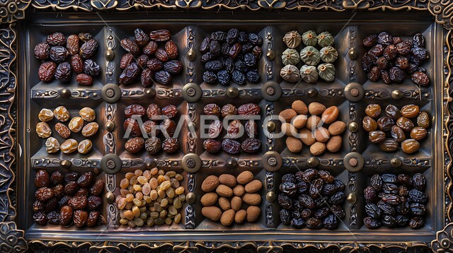 أنواع التمور الصحية الطازجة، وجبة ذات قيمة غذائية عالية، ضيافة رمضانية لذيذة، صينية نحاسية مزخرفة مملوءة بأنواع مختلفة من التمر، الأناقة بترتيب الضيافة بالمناسبات والأعياد، محاصيل ومنتجات زراعية محلية وطنية في المملكة العربية السعودية
