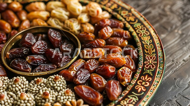 Types of healthy, fresh dates, a meal with high nutritional value, delicious Ramadan hospitality, a decorative copper tray filled with different types of dates, elegance in arranging hospitality on special occasions and holidays, local national agricultural crops and products in the Kingdom of Saudi Arabia