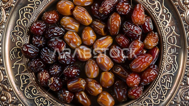 أنواع التمور الصحية الطازجة، وجبة ذات قيمة غذائية عالية، ضيافة رمضانية لذيذة، صينية نحاسية مزخرفة مملوءة بأنواع مختلفة من التمر، الأناقة بترتيب الضيافة بالمناسبات والأعياد، محاصيل ومنتجات زراعية محلية وطنية في المملكة العربية السعودية
