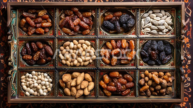 صينية نحاسية مزخرفة مملوءة بأنواع مختلفة من التمر، الأناقة بترتيب الضيافة بالمناسبات والأعياد، محاصيل ومنتجات زراعية محلية وطنية في المملكة العربية السعودية، أنواع التمور الصحية الطازجة، وجبة ذات قيمة غذائية عالية، ضيافة رمضانية لذيذة
