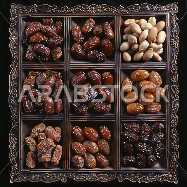A decorative copper tray filled with different types of dates, elegance in arranging hospitality on special occasions and holidays, local and national agricultural crops and products in the Kingdom of Saudi Arabia, types of fresh healthy dates, a meal with high nutritional value, delicious Ramadan hospitality.