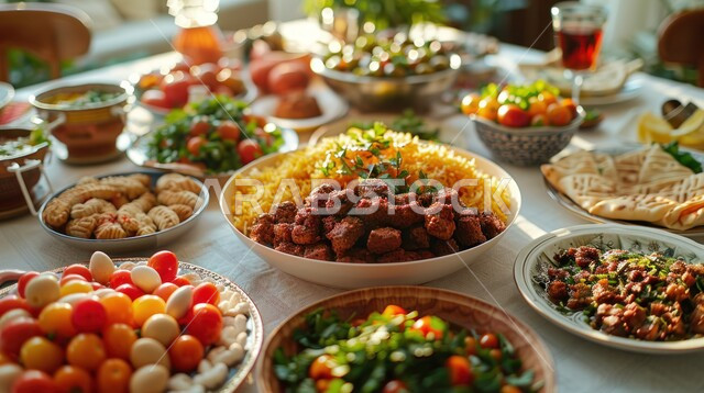 أصناف الأطباق والمقبلات العربية الشرقية اللذيذة، أجواء شهر رمضان المبارك، سفرة من المأكولات الشعبية التقليدية الشهية، المطاعم والمطابخ في المملكة العربية السعودية، طاولة طعام مليئة بالوجبات المتنوعة الرمضانية، العزائم والولائم في الأعياد والمناسبات