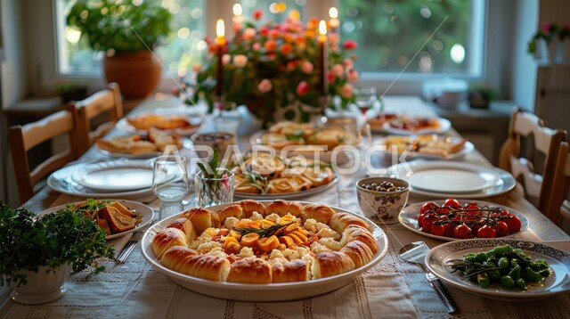 أصناف الأطباق والمقبلات العربية الشرقية اللذيذة، أجواء شهر رمضان المبارك، سفرة من المأكولات الشعبية التقليدية الشهية، المطاعم والمطابخ في المملكة العربية السعودية، طاولة طعام مليئة بالوجبات المتنوعة الرمضانية، العزائم والولائم في الأعياد والمناسبات