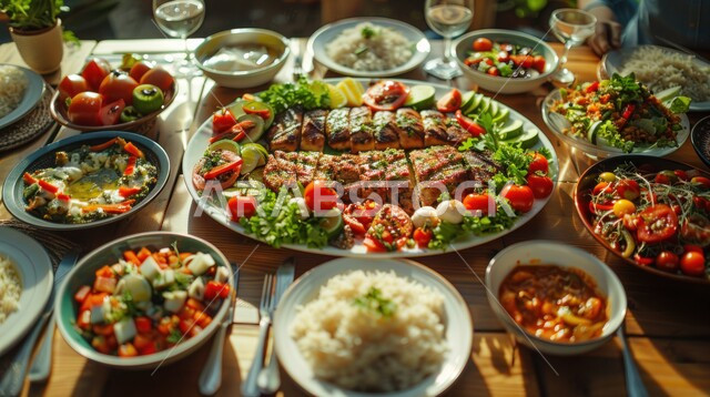 أصناف الأطباق والمقبلات العربية الشرقية اللذيذة، أجواء شهر رمضان المبارك، سفرة من المأكولات الشعبية التقليدية الشهية، المطاعم والمطابخ في المملكة العربية السعودية، طاولة طعام مليئة بالوجبات المتنوعة الرمضانية، العزائم والولائم في الأعياد والمناسبات