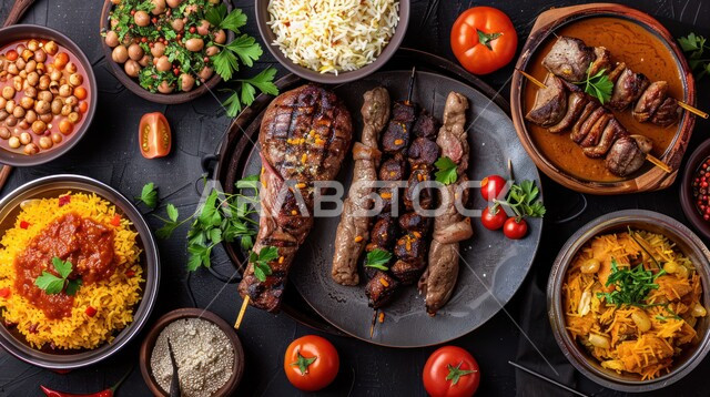 طاولة طعام مليئة بالوجبات المتنوعة الرمضانية، العزائم والولائم في الأعياد والمناسبات، أصناف الأطباق والمقبلات العربية الشرقية اللذيذة، أجواء شهر رمضان المبارك، سفرة من المأكولات الشعبية التقليدية الشهية، المطاعم والمطابخ في المملكة العربية السعودية