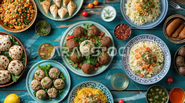 طاولة طعام مليئة بالوجبات المتنوعة الرمضانية، العزائم والولائم في الأعياد والمناسبات، أصناف الأطباق والمقبلات العربية الشرقية اللذيذة، أجواء شهر رمضان المبارك، سفرة من المأكولات الشعبية التقليدية الشهية، المطاعم والمطابخ في المملكة العربية السعودية