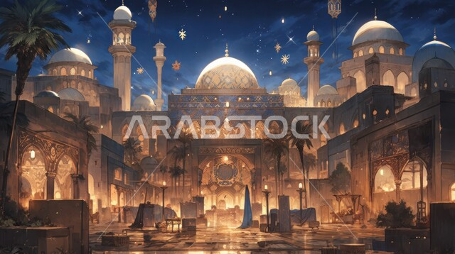 دعوة المسلمين إلى الصلاه والعباده والتقرب إلى الله, صورة لمسجد في وقت الغروب, المعالم الدينيه الإسلاميه في المملكه العربيه السعوديه, الفن الهندسي المعماري للمآذن والقبب على الطراز الإسلامي، 