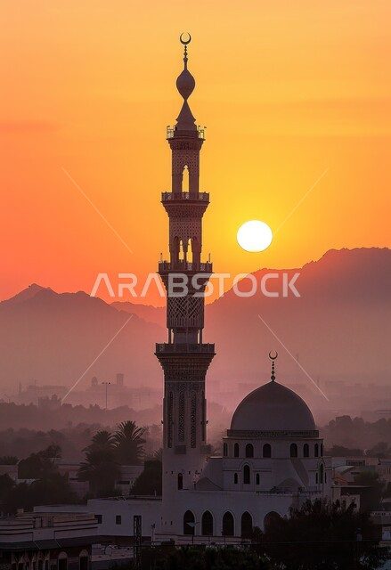 دعوة المسلمين إلى الصلاه والعباده والتقرب إلى الله, صورة لمسجد في وقت الغروب, المعالم الدينيه الإسلاميه في المملكه العربيه السعوديه, الفن الهندسي المعماري للمآذن والقبب على الطراز الإسلامي، 
