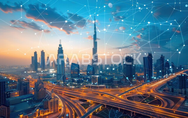 الفن الهندسي المعماري المتقدم للأبراج وناطحات السحاب، العمل على تنمية وتطوير المباني، صورة جوية لبرج خليفة في إمارة دبي المضاء في وقت غروب الشمس، معالم سياحية مشهورة في الإمارات العربية المتحدة