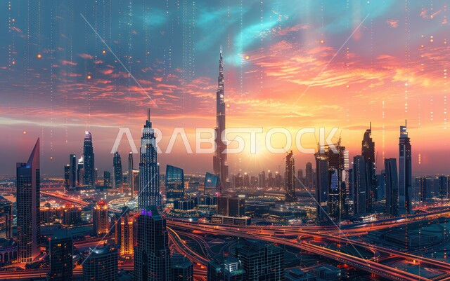 الفن الهندسي المعماري المتقدم للأبراج وناطحات السحاب، العمل على تنمية وتطوير المباني، صورة جوية لبرج خليفة في إمارة دبي المضاء في وقت غروب الشمس، معالم سياحية مشهورة في الإمارات العربية المتحدة