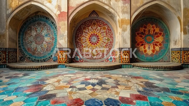 أماكن ومعالم اسلامية دينية مقدسة, الفن الهندسي المعماري والتصميم الداخلي للمساجد على الطراز العربي الاسلامي، ديكورات الأعمدة الداخلية للمسجد بنمط الموزاييك، العبادة والتقرب الى الله تعالى