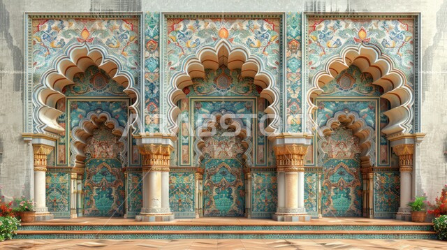 أماكن ومعالم اسلامية دينية مقدسة, الفن الهندسي المعماري والتصميم الداخلي للمساجد على الطراز العربي الاسلامي، ديكورات الأعمدة الداخلية للمسجد بنمط الموزاييك، العبادة والتقرب الى الله تعالى