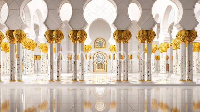 أماكن ومعالم اسلامية دينية مقدسة, الفن الهندسي المعماري والتصميم الداخلي للمساجد على الطراز العربي الاسلامي، ديكورات الأعمدة الداخلية للمسجد بنمط الموزاييك، العبادة والتقرب الى الله تعالى