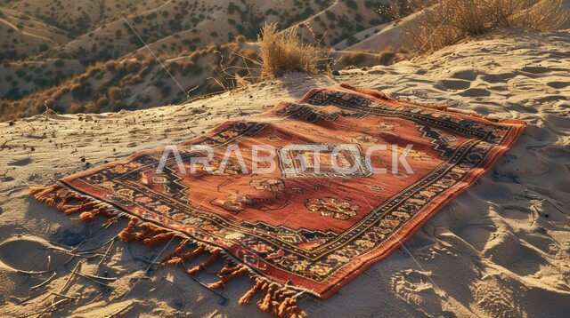Performing obligatory prayers and prayers on time, a close-up of a prayer rug on the golden sand in the desert areas of the Kingdom of Saudi Arabia, a religious spiritual atmosphere, worship and getting closer to God Almighty, quiet Islamic sessions