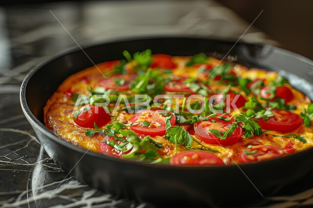 طبق البيض المقلي مع الطماطم والفلفل الحار، وجبة فطور صباحية مفيدة وسريعة، الاومليت اللذيذ المليء بالبروتينات الصحية، وجبات ومأكولات للحميات الغذائية، أطباق إفطار تقليدية، 