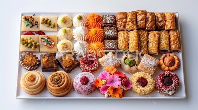 National local products, a dinner filled with dishes of delicious sweets with pistachios and nuts, warm hospitality in Saudi Arabia, recipes for eastern Arab foods, foods rich in sugars and calories, hosting holidays and events in the Kingdom.