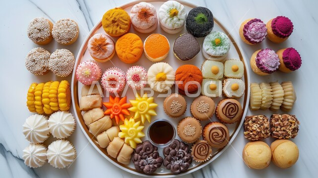 منتجات محلية وطنية، سفرة مليئة باطباق من الحلويات اللذيذة بالفستق والمكسرات، كرم الضيافة في السعودية، وصفات الأطعمة العربية الشرقية، أكلات غنية بالسكريات والسعرات الحرارية، ضيافة الأعياد والمناسبات في المملكة