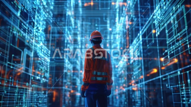 Following up on advanced engineering designs and plans for future construction projects in Saudi Arabia, a picture from the back of a Saudi Arabian Gulf engineer wearing virtual reality glasses monitoring the quality of work, a three-dimensional holographic background of the towers for buildings and facilities, a Saudi future vision 2030
