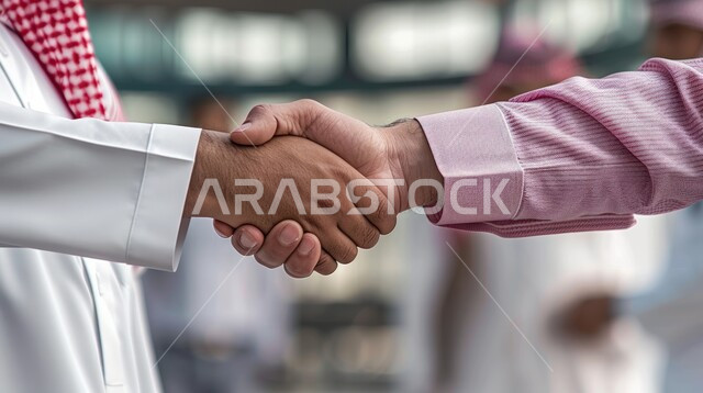 عقد صفقات عمل جديدة ناجحة بين رجال الأعمال، صداقات وتعارف وبناء علاقات اجتماعية، الشراكة في الأعمال والمشاريع، صورة مقربة ليدين رجلان سعوديان يقومان بمصافحة بعضهما، توسيع مجالات العمل