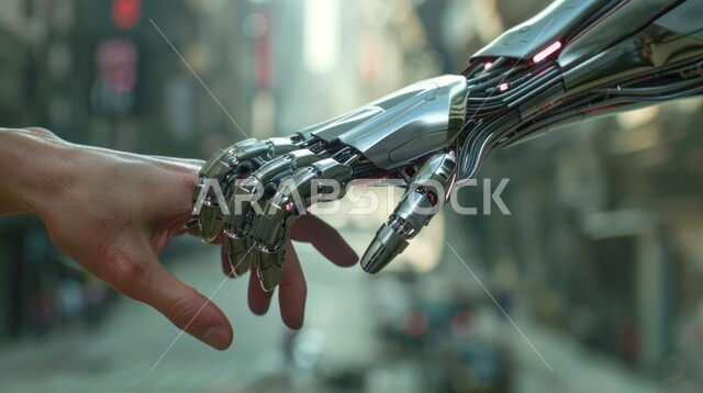الابتكار والعلوم والتكنولوجيا، رؤية مستقبلية سعودية 2030، التحول الرقمي والتقدم التقني، تحقيق الثورة الصناعية, صورة مقربة ليد شاب عربي خليجي سعودي يقوم بمصافحة رجل آلي, مفهوم التعاون بين البشر والروبوتات