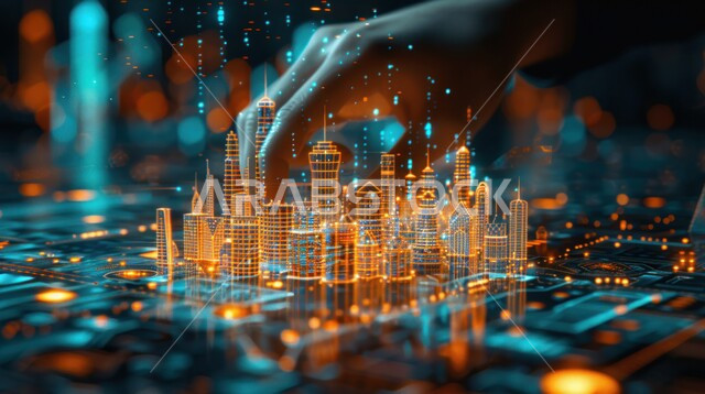 Achieving the industrial revolution, using artificial intelligence science and technology in engineering, Saudi Arabian engineering companies, Saudi Vision 2030, a three-dimensional model of a building using hologram technology, a close-up of the hand of a Saudi Gulf Arab engineer working on a building plan