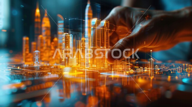 Achieving the industrial revolution, using artificial intelligence science and technology in engineering, Saudi Arabian engineering companies, Saudi Vision 2030, a three-dimensional model of a building using hologram technology, a close-up of the hand of a Saudi Gulf Arab engineer working on a building plan