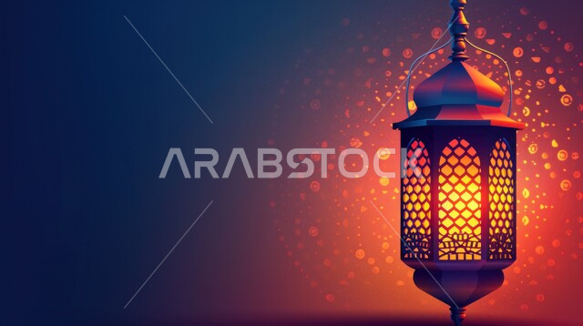 أجواء رمضانية وروحانية إسلامية, فانوس عربي معدني مزخرف مع شمعة مضيئة على الأرض، العادات والتقاليد العربية في زينة الأعياد والمناسبات الدينية، فوانيس وتحف وديكورات تقليدية للاحتفال بقدوم شهر رمضان المبارك