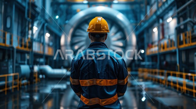 جودة الانتاج والتصنيع، تحقيق الثورة الصناعية، اعتماد التقنيات والتكنولوجيا الحديثة في الهندسة، صورة مقربة لمهندس عربي سعودي خليجي يرتدي نظارات وخوذة الحماية يقوم بفحص معدات النفط والغاز في المصنع, مهن ووظائف سعودية