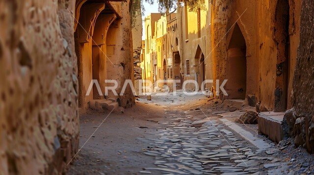 الأزقة القديمة والمباني الطينية في وقت النهار، إبراز التراث التاريخي والثقافي الغني للمملكة العربية، الدرعية العاصمة الأولى للسعودية، الأرض الممتزجة بين الحجرية والترابية، الفن المعماري القديم في المناطق التاريخية السياحية الوطنية
