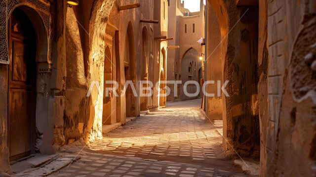 Diriyah, the first capital of Saudi Arabia, its ancient alleys and mud buildings in broad daylight, arched ceilings and walls decorated with traditional carvings, highlighting the rich historical and cultural heritage of the Kingdom of Saudi Arabia, ancient architecture, national tourist historic areas