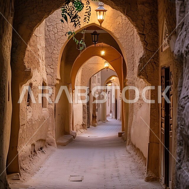 الأسقف المقوسة والجدران المزينة بالنقوش التقليدية، إبراز التراث التاريخي والثقافي الغني للمملكة العربية، الدرعية العاصمة الأولى للسعودية، الأزقة القديمة والمباني الطينية في النهار، الفن المعماري القديم في المناطق التاريخية السياحية الوطنية