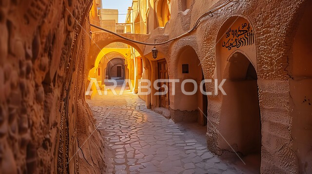 الأسقف المقوسة والجدران المزينة بالنقوش التقليدية، إبراز التراث التاريخي والثقافي الغني للمملكة العربية، الدرعية العاصمة الأولى للسعودية، الأزقة القديمة والمباني الطينية في وضح النهار، الفن المعماري القديم في المناطق التاريخية السياحية الوطنية