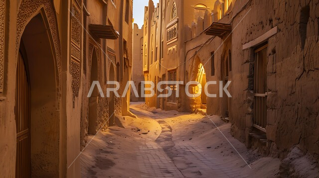 الدرعية العاصمة الأولى للسعودية، الأزقة القديمة والمباني الطينية في وضح النهار، الأسقف المقوسة والجدران المزينة بالنقوش التقليدية، إبراز التراث التاريخي والثقافي الغني للمملكة العربية، الفن المعماري القديم، المناطق التاريخية السياحية الوطنية