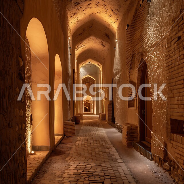 إبراز التراث التاريخي والثقافي الغني للمملكة العربية، الأزقة القديمة والمباني الطينية في وقت الليل، الأسقف المقوسة والجدران المزينة بالنقوش التقليدية، الدرعية العاصمة الأولى للسعودية، الفن المعماري القديم في المناطق التاريخية السياحية الوطنية