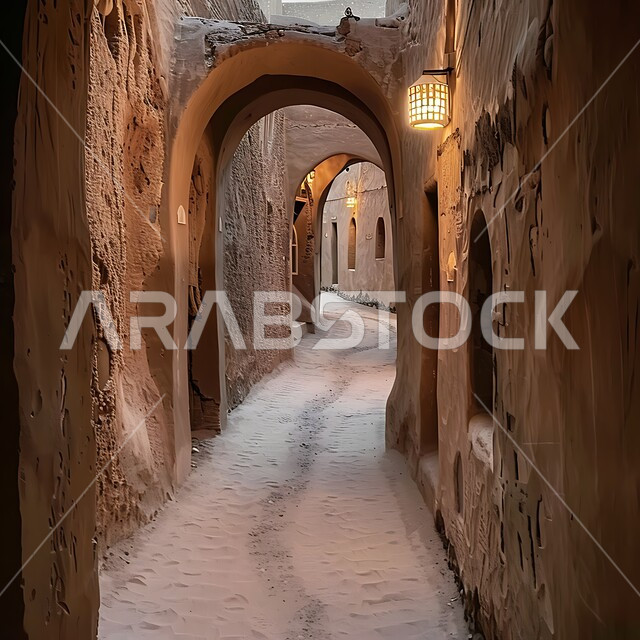 Highlighting the rich historical and cultural heritage of the Kingdom of Saudi Arabia, Diriyah, the first capital of Saudi Arabia, ancient alleys and mud buildings in broad daylight, arched ceilings and walls decorated with traditional carvings, ancient architecture in national tourist historic areas